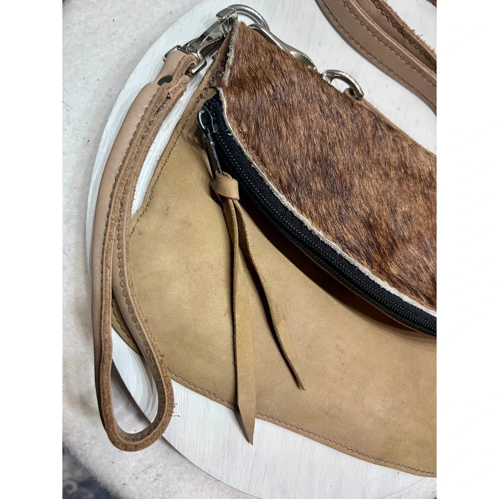 Tan Leather Cowhide Hair On Hide Foldover Crossbody Wristlet Bag